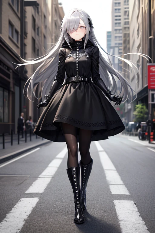 ((best quality)), ((masterpiece)), (detailed), 1 girl, Full body, 18 years old, Depressed face, Silver eyes, Arms outstretched, Arms behind waist, Metal covering her eyes, Eyes covered, Blushing, Silver hair, long hair, Bangs, Strand of hair covering her eye, Full body, Tall, Small breasts, Slim body, Grey hood, Metal spikes, Grey wristbands, Long black gloves with spikes, Grey goth outfit, Gothic lolita, Grey dress with metal spikes, Metal emblem, Tight fitting, Black belt, Metal skin, Black pantyhose, Black boots, Walking through the city, Metal spikes coming out of the road, City background, Anime