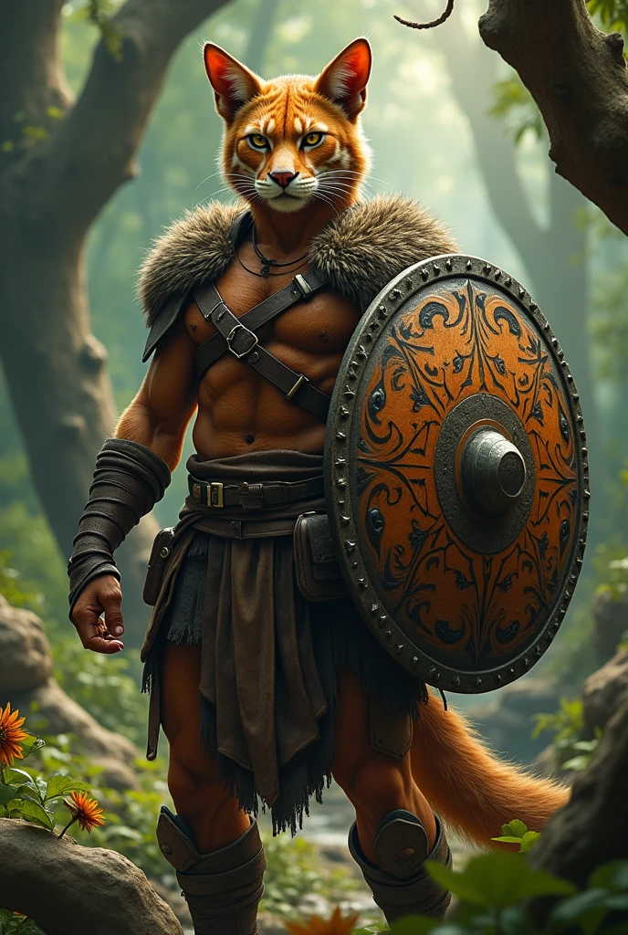I want you to make an image of a humanoid feline holding a large shield on its left arm. Put leather armor on it.