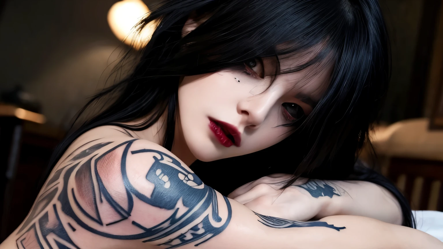 masterpiece, upper body, face portrait, 1girl, solo, black hair, hair over eyes, indoors, tattoos, goth, sitting