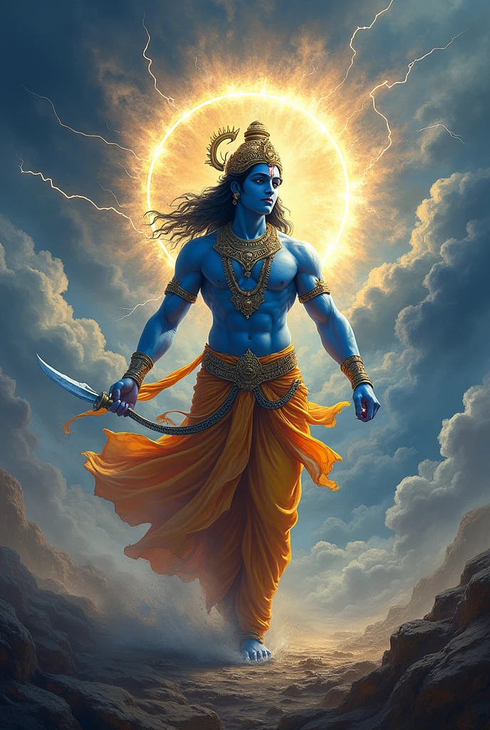 Shree big krishan name's lord, danger background ,full photo Mahabharat chakra , flying sky