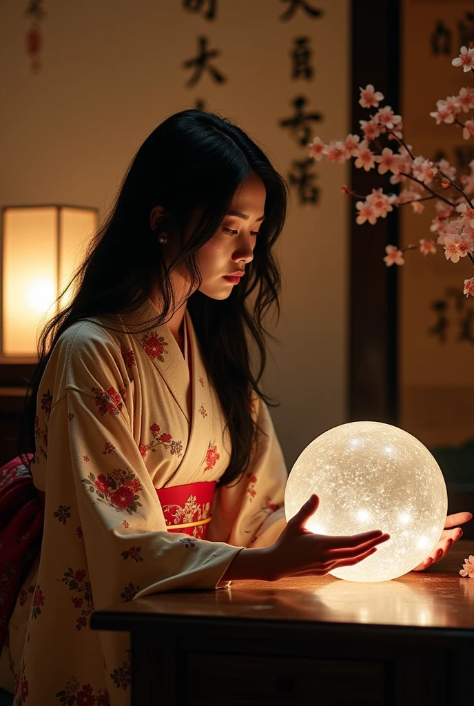 A beautiful Japanese woman doing fortune telling crystal front Real
