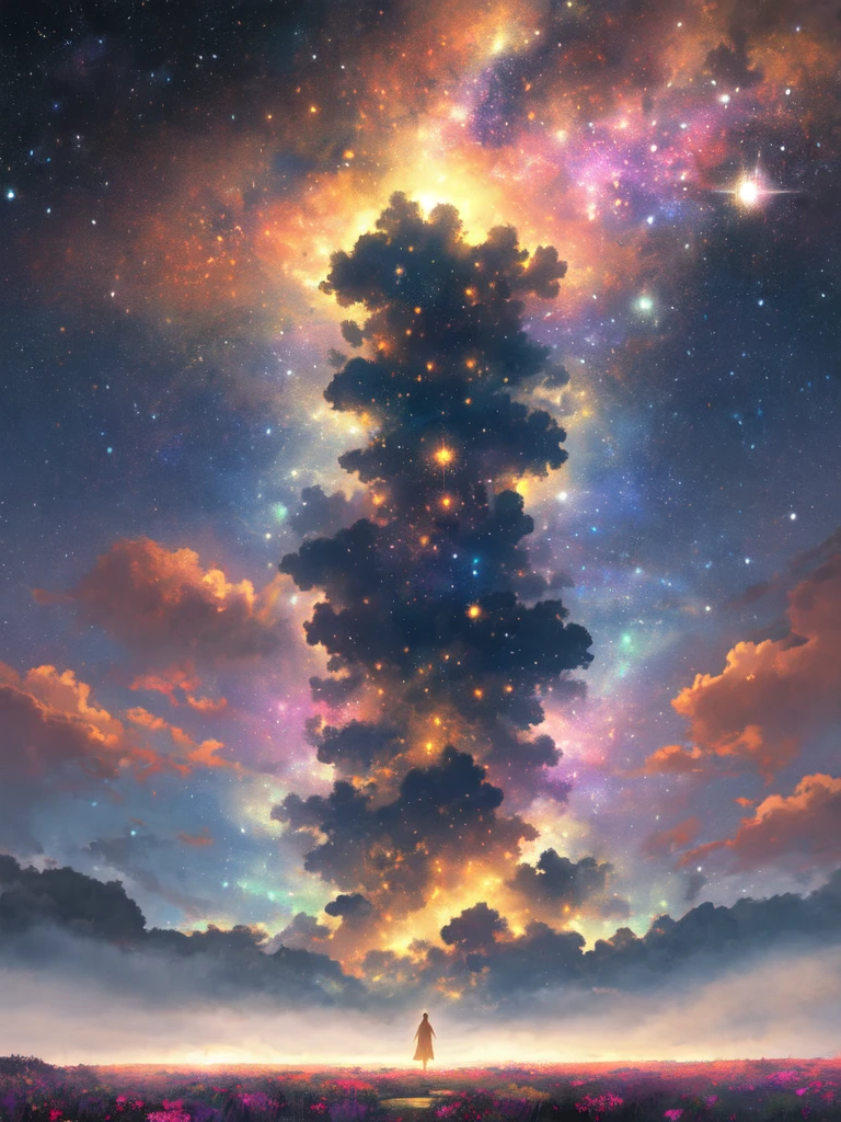 Celestial meadow, fantasy landscape, ethereal watercolor style, vast open meadow, swirling nebulae, distant galaxies, delicate wildflowers, glowing softly, moonlight, floating islands, hovering horizon, cool blues, purples, golden hues, tranquil ambiance, otherworldly scene, dreamy mood, expansive scenery
