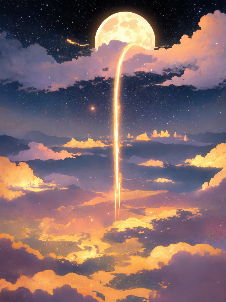 Celestial meadow, fantasy landscape, ethereal watercolor style, vast open meadow, swirling nebulae, distant galaxies, delicate wildflowers, glowing softly, moonlight, floating islands, hovering horizon, cool blues, purples, golden hues, tranquil ambiance, otherworldly scene, dreamy mood, expansive scenery
