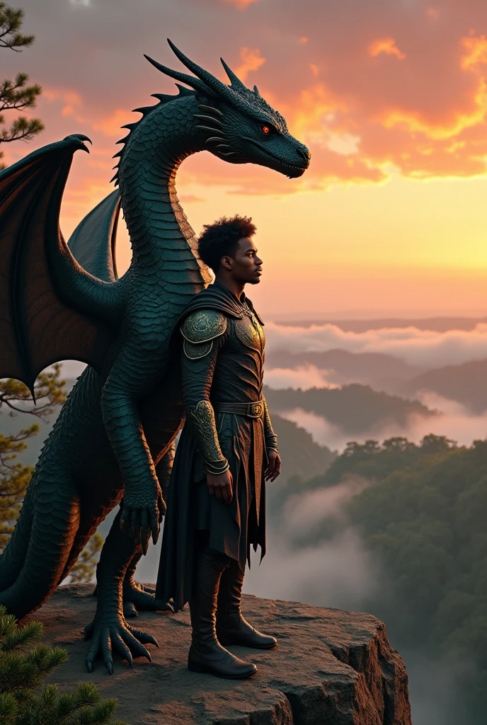Light-skinned young black man standing next to a dark bronze dragon