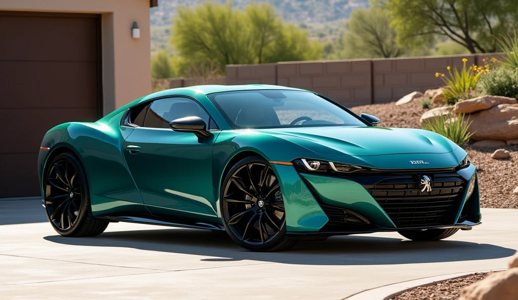 Side view of A captivating image of a 2024 sleek and futuristic dark teal 608 coupe, reminiscent of Peugeot design, parked on a sunny day Utah driveway., photo, portrait photography, vibrant, product
