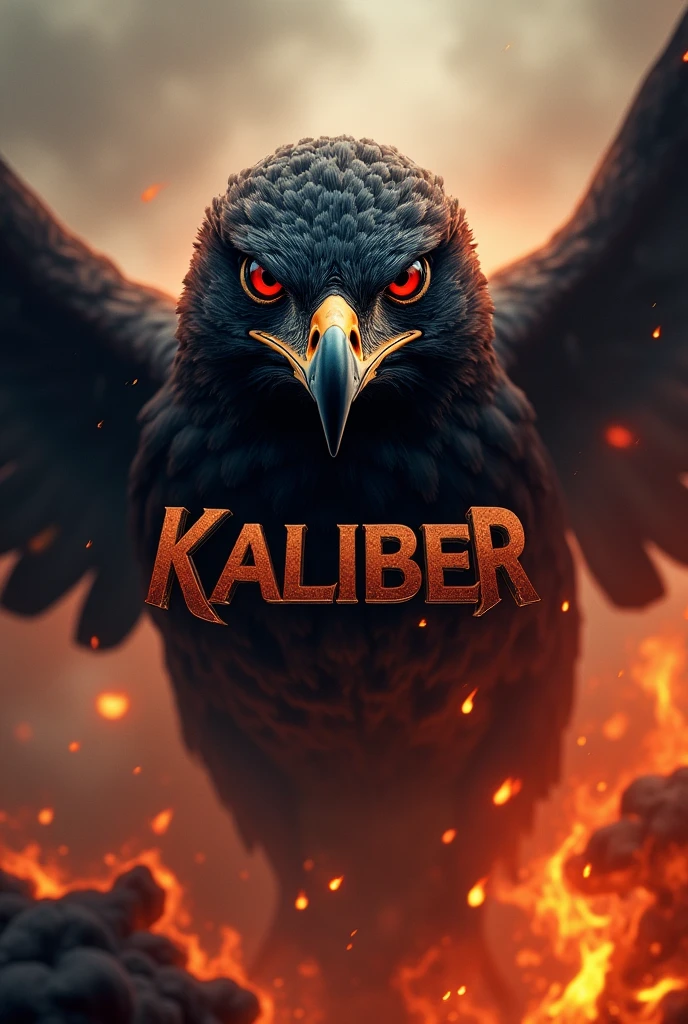 Just the face of a black faced hawk logo with red eyes with the words kaliber below it with Fire and smoke in the background