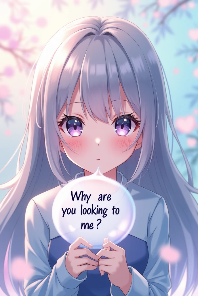 Anime girl, staring at you, With a serious face, With a floating bubble saying: Why are you looking at me?   , Nice details, same image, the user says i found you Very atractive