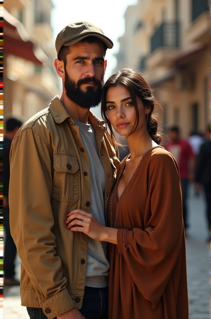 Un homme qui est grand 2 mètre Algérien avec pas beaucoup de cheveux brun barbue au petit yeux vert avec une casquette a côté d'une femme voilée mesurant 1metre 68 brune avec une robe ample des grands yeux un peu matte de peau