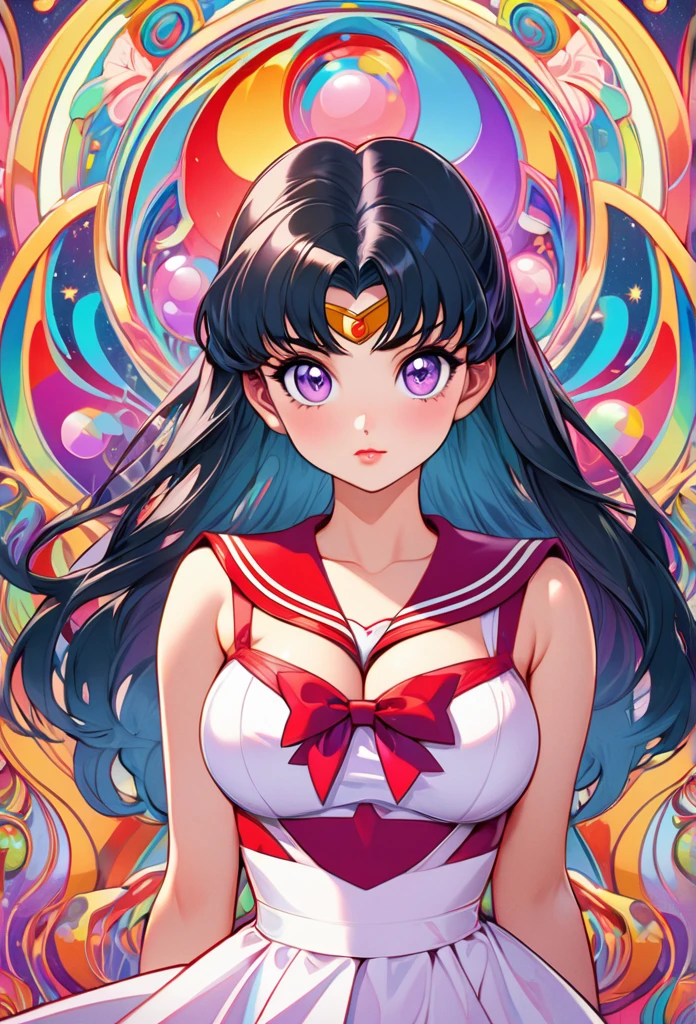 (((sailor mars))), (sailor moon), black hair, purple highlights, purple eyes, arms at sides, kawaii, cute overload, 60s psychedelic anime style, funky, trippy, playful, pastel color palette, art nouveau, art deco, pop art, absurdres, highres, ultra detailed, big tits, cleavage, realistic depiction, red sailor sesnhi lingerie, (arms behind back), 