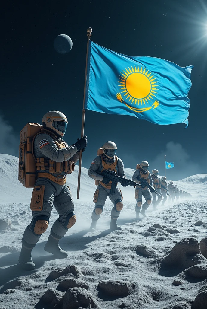Kazakh army with weapons is fighting on the Moon and Kazakh flag