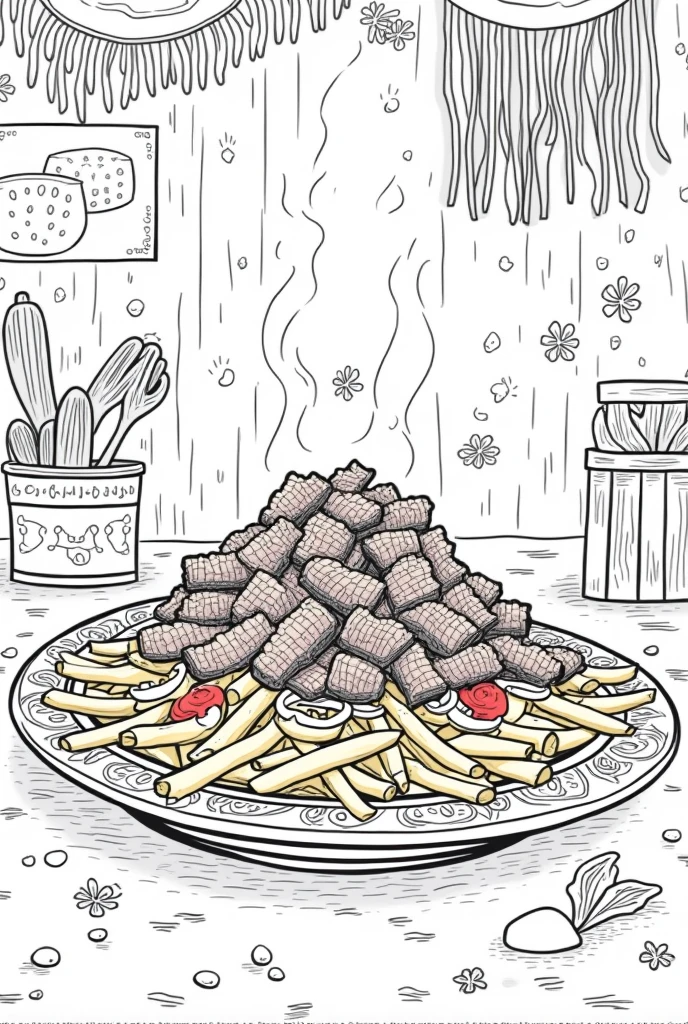 Create a black and white coloring page image of the 'palto pique macho' dish.