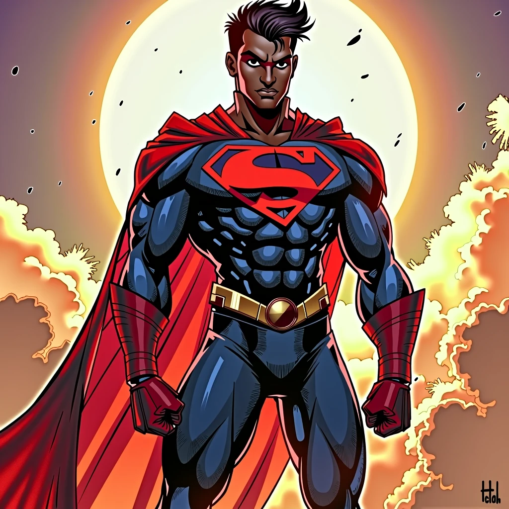 Create a rival character for the **"teen titans"**:
- **kor**: 15-.
- **Height**: 1,76 meters.
- **powers**: Similar to Superboy (Strength and endurance).
- **muka**: Traumatized and bloodthirsty, but beautiful.
- **Skinned**: black.
- **body hair**: military court.
- **tenue**: Imposing and futuristic, with intense colors and metallic details.
Show the youth and intensity of the powers.