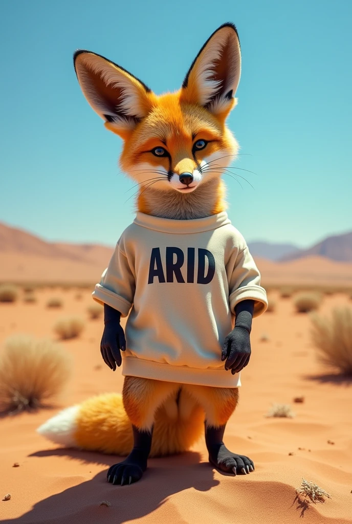 a corsac fox standing up like a man in shirt and on shirt it’s written “ARID”