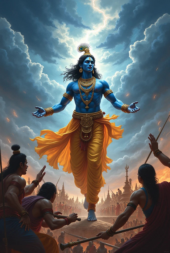 Shree big krishan name's lord, danger background ,full photo Mahabharat , flying sky