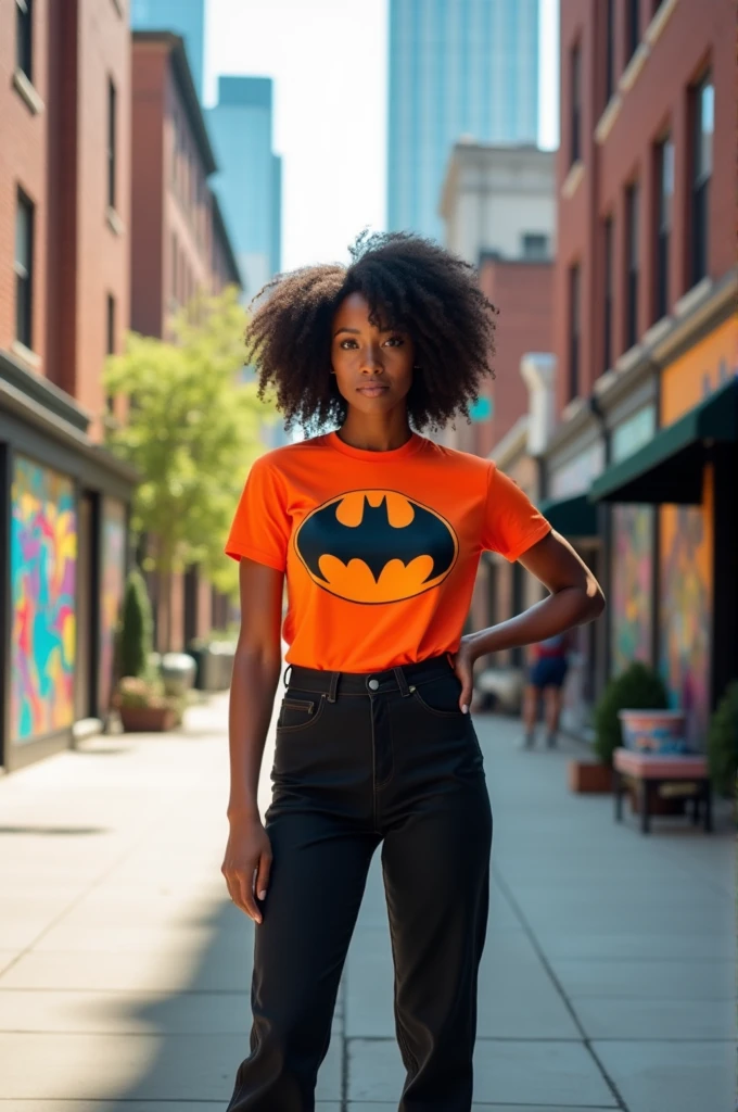 With short orange , black short batman shirt, black pants white shoes, women ,brown skin