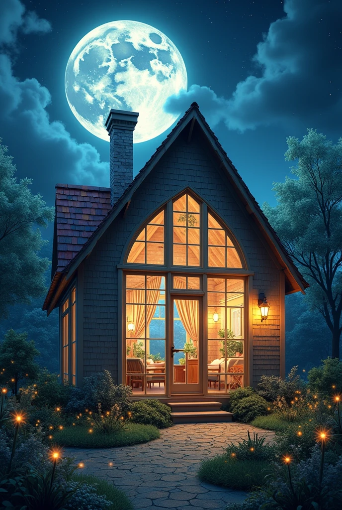 Create a house with a giant window featuring a large moon raining.