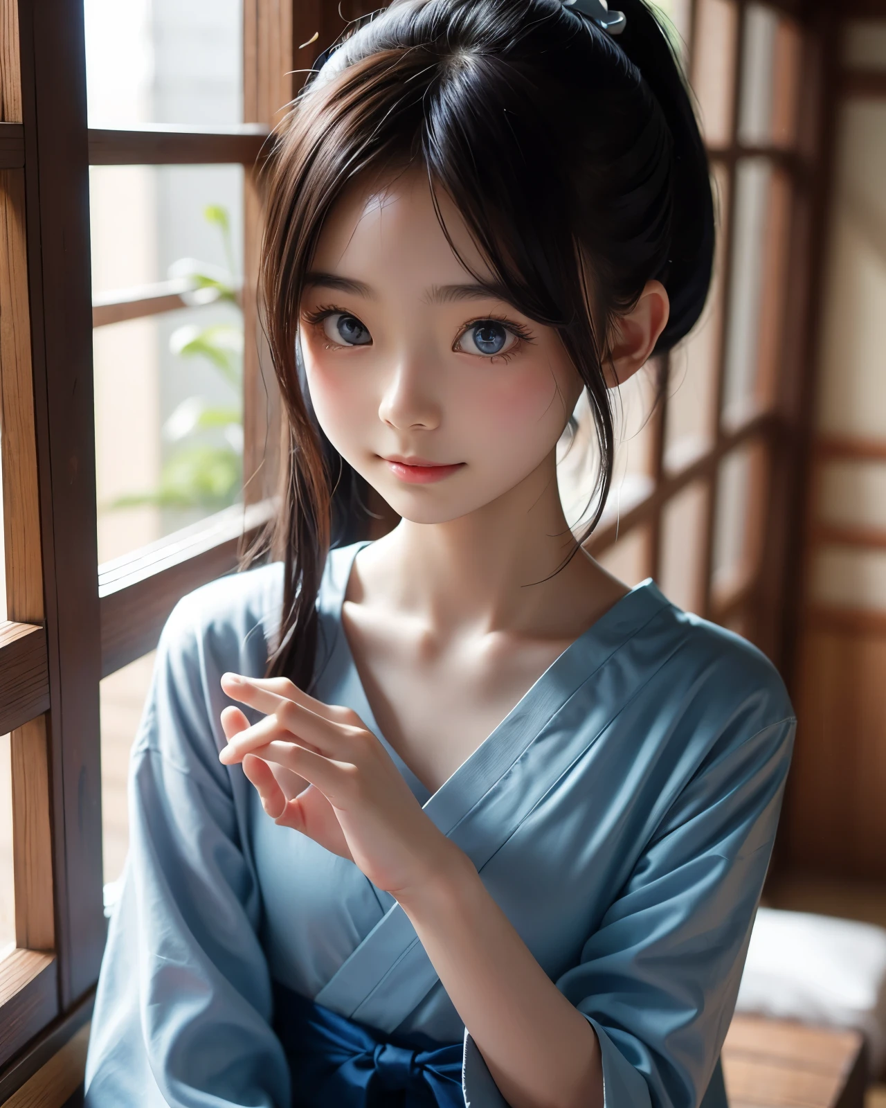 Beautiful 18 year old Japanese woman), cute face, (deeply carved face:0.7), (freckles:0.6), soft light,healthy white skin, shy, (serious face), thin, smile, japanese , ponytail, wearing blue dress.