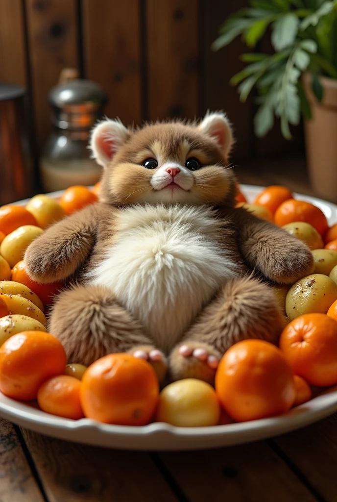 Sexy 30 years old cooked woman furry, sexy thicc thighs, nude, lying down inside a giant plate with potatoes and carrots, view from above, nude