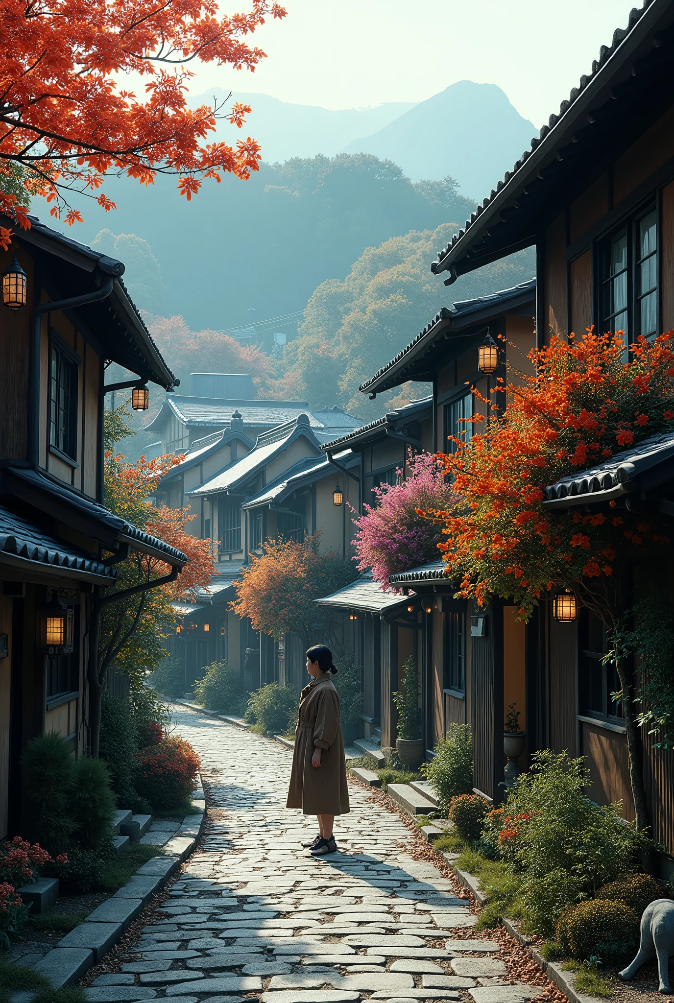 Japan,Kyoto, Town, flower, Cobblestones, Old House, wood,Solemn (figure: 1.0), A magnificent composition, Realistic lighting, HD detailed, masterpiece, Highest quality, (Highly detailed CG synthesis 8k wallpaper)