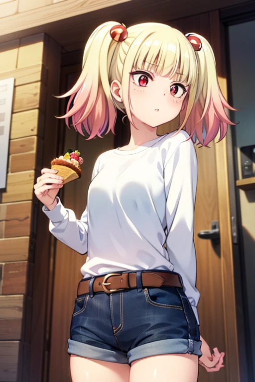 ((masterpiece)),(best quality),official art,extremely detailed CG,unity 8k wallpaper,ultra detailed,beautiful detailed eyes,extremely detailed face,1girl,solo,cowboy shot,looking at viewer,niguredou julia,multicolored hair,gradient hair,pink hair,blonde hair,twintails,food-themed hair ornament,mushroom hair ornament,red eyes,white shirt,long sleeves,jeans shorts,shorts rolled up,belt