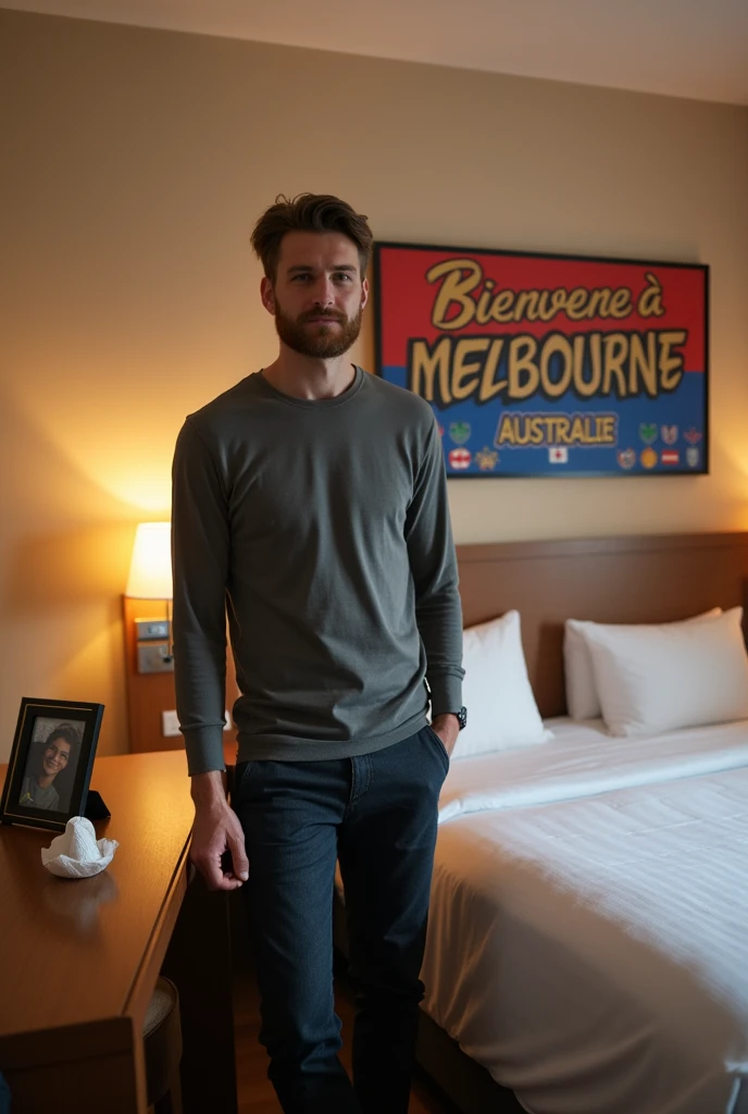 Homme caucasien grand de taille, charmant, un peu costaud, habillé en pantalon et tee-shirt manche longue, assis ou adossé sur une table dans une grande chambre d'hôtel et sur la table sur laquelle est assis ou adossé le charmant homme il faut qu'il y ait un papier mouchoir déjà utilisé sur la table et sur le lit de l'hôtel qu'il soit déposer un cadre photo grand ou moyen qu'il est possible de faire arrêter sur le lit et faire face à la caméra et sur le mur du chevet du lit un tableau sur lequel il est écrit en français : Bienvenue à Melbourne AUSTRALIE et autour de la phrase qu'il y ait les emblèmes du Canada Québec ou le drapeau du Canada Québec