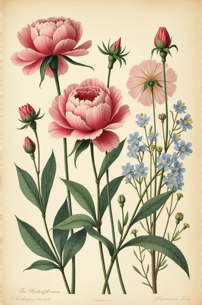 ((best quality)), ((masterpiece)), (detailed), perfect faceVintage Botanical Illustrations: A collection of botanical illustrations featuring detailed drawings of wildflowers, such as roses, peonies, and forget-me-nots, on a muted, vintage background with soft, faded edges.