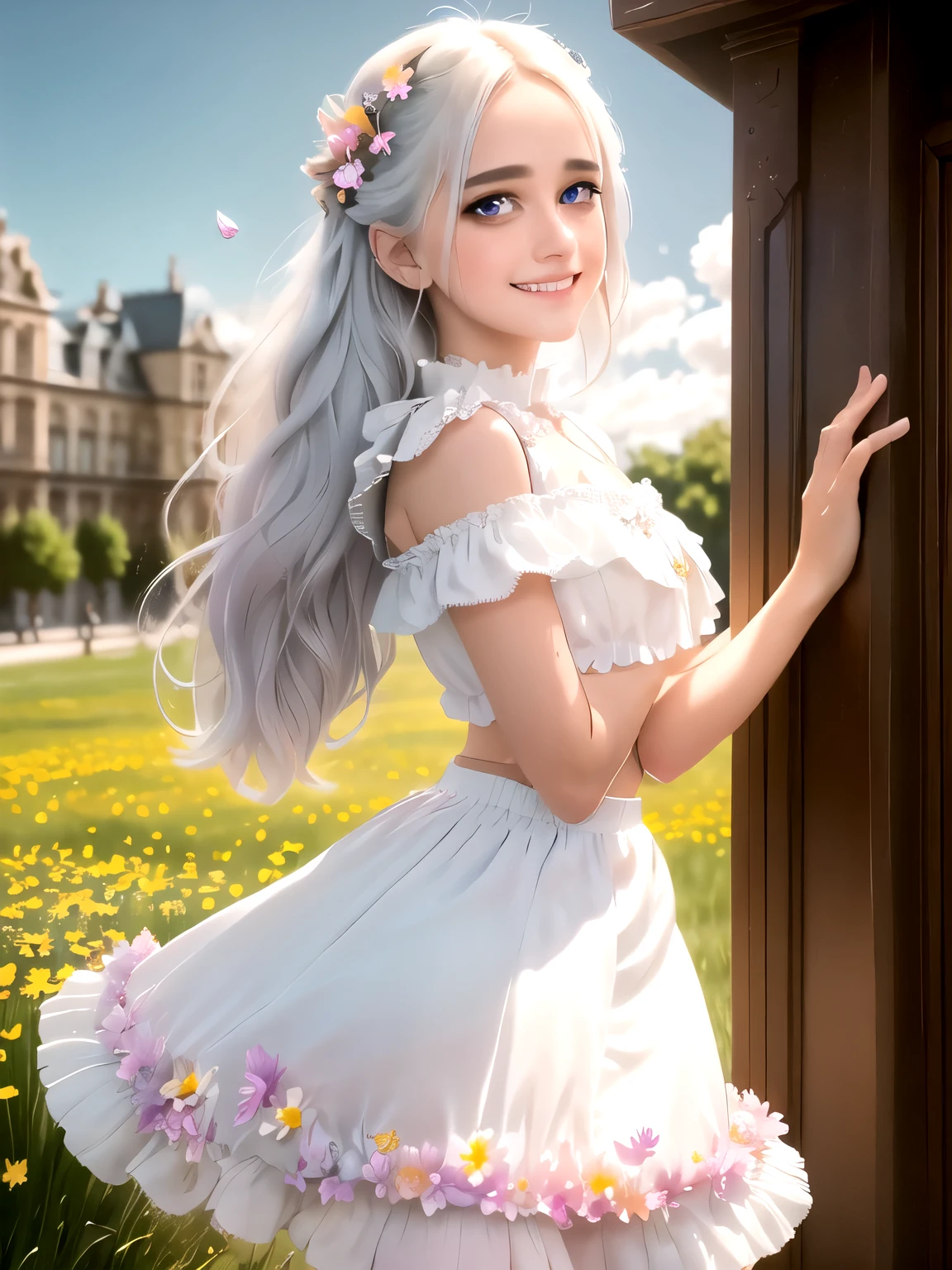 masterpiece, best quality, 1girl, (colorful),(finely detailed beautiful eyes and detailed face),cinematic lighting,bust shot,extremely detailed CG unity 8k wallpaper,white hair,solo,smile,intricate skirt,((flying petal)),(Flowery meadow) sky, cloudy_sky, building, moonlight, moon, night, (dark theme:1.3), light, fantasy,
