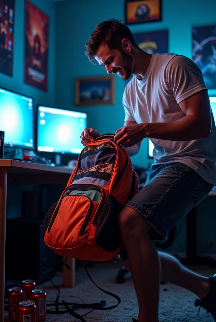 A man at his gamer friend's house is stealing all the boxer briefs from his backpack. This man doesn't wear underwear, only shorts. 