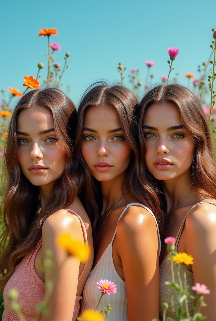 colored photography, Three women without bras. with long, loose hair, face detailed, large eyes and a thin nose.