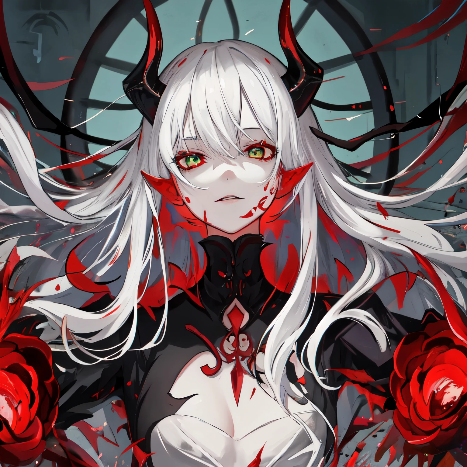 A pretty demon girl with white hair and green eyes, wearing a black top with red skin, in castle 