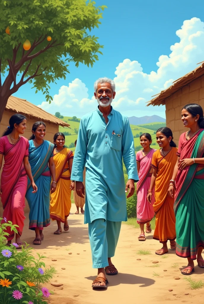 Dr. Sudhir’s Walk: Dr. Sudhir walking through the village with villagers greeting him warmly.