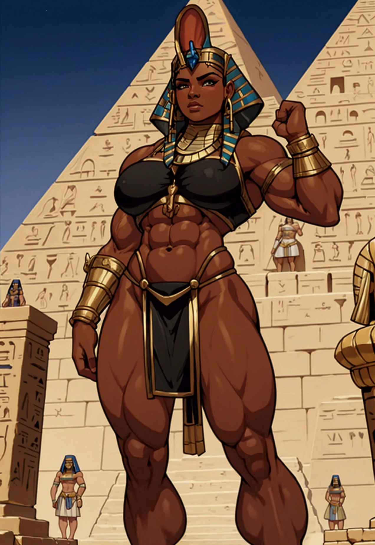 Very huge muscle female ancient egytpian warrior standing at attention, looking the viewer with submission, extremely tanned, dark skinned, huge pecs, oiled skin, sunny, ancient egypt, pyramid on the background
