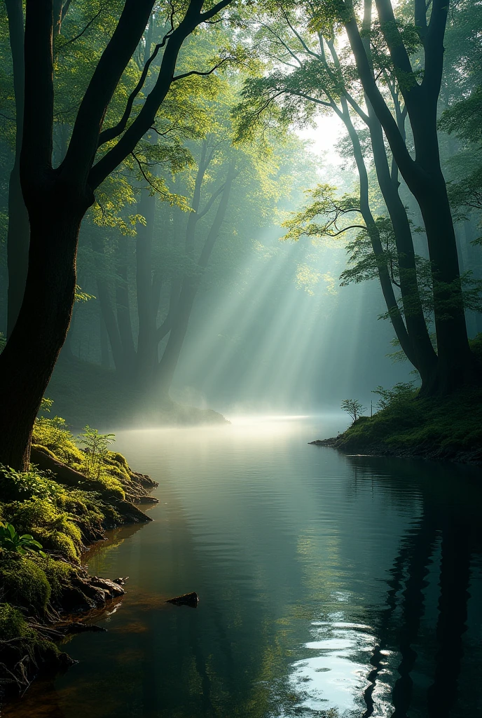lake in the middle of a dark forest with rays of light illuminating