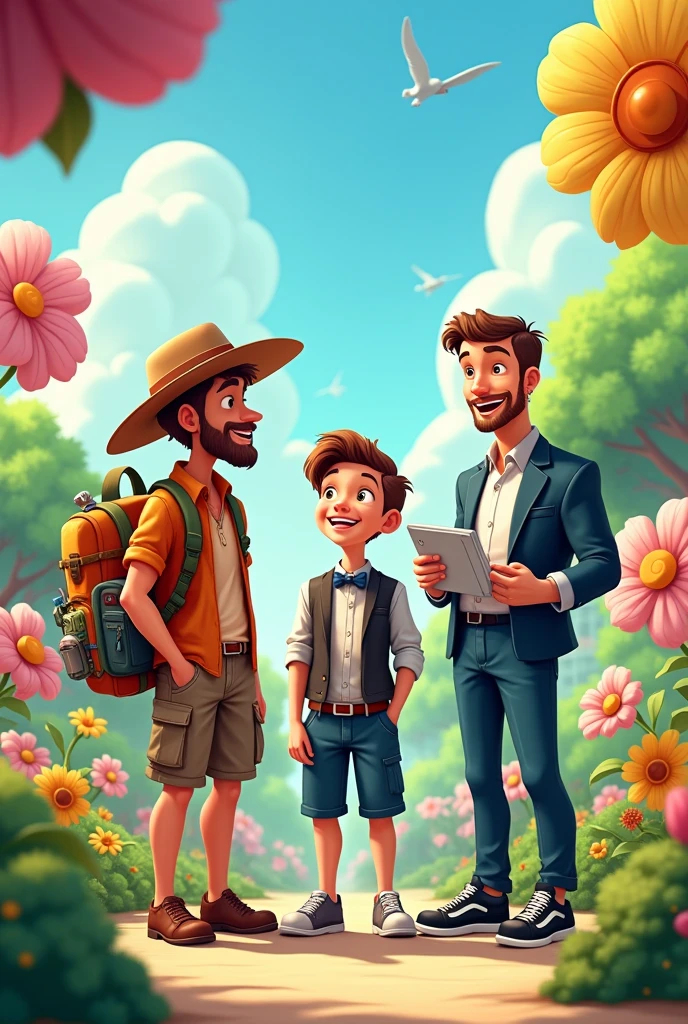 Make a cartoon for children of three people,Adult males 
 , one with explorer style, one with a servant style and another with an entrepreneur style 

