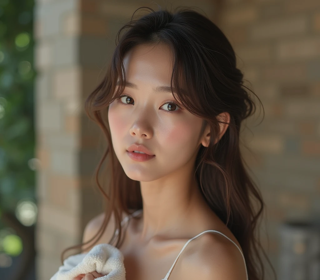 (tetas grandes)、Kale、(((Cover your breasts with a towel)))、Outdoor bathing、ciel de Kaleit、((high resolution)), superior quality, very detailed, realistic, ((8k)), Photos brutes, la plus haute qualité, head of'artwork, attractive girl, fille extraordinaire, brown-hair, Couches jusqu'on the shoulders, mesh hair, Japanese idols, Sophisticated, elegant,