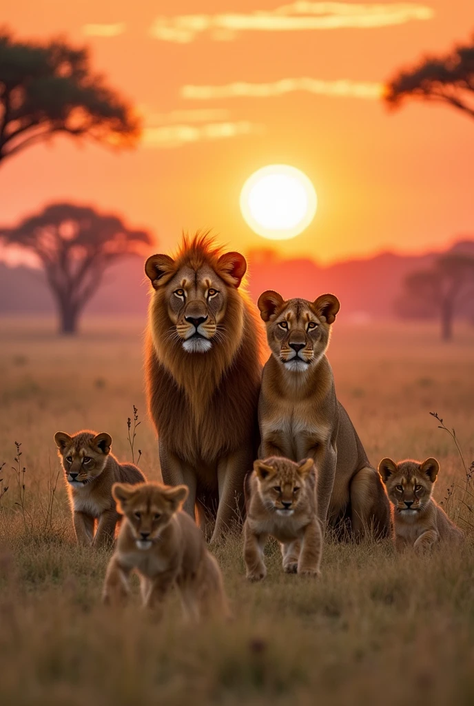 I would like to create an image of a lion couple with four cubs