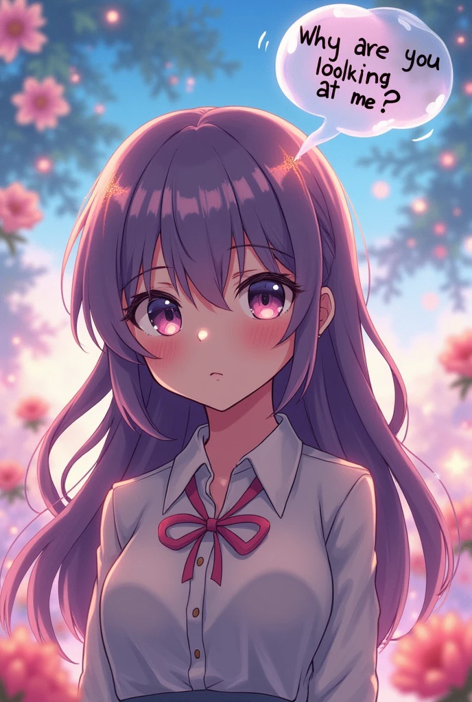 Anime girl, staring at you, With a face of disdain , With a floating bubble saying: Why are you looking at me? , Nice details,