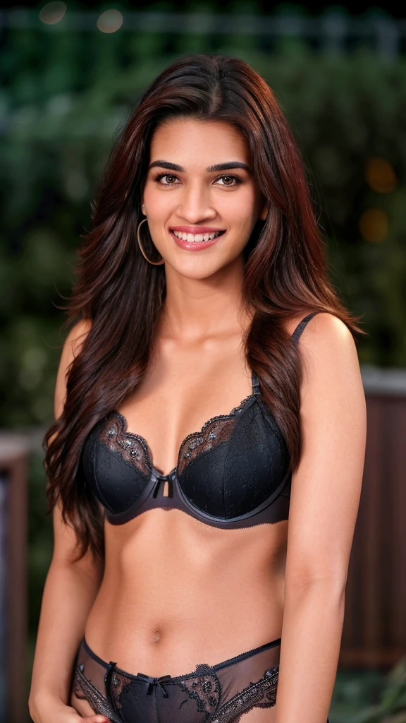 ultrarealistic hires close up body photo of a 30-year-old krsa woman, outdoors, looking at camera, (lingerie), smiling, flowing hair, night time, beautiful bokeh background, dark theme