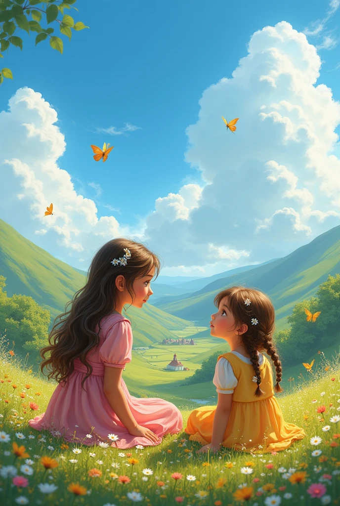 - Pari asks Sophia what her wish is
- Sophia thinks
- Then she says that her wish is that there is always happiness and peace in my village

Image prompt: Pari and Sophia are talking, Sophia thinks, then she says her wish

