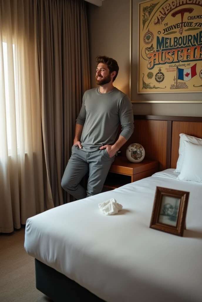 Homme caucasien grand de taille, charmant, un peu costaud, habillé en pantalon et tee-shirt manche longue, assis ou adossé sur une table dans une grande chambre d'hôtel et sur la table sur laquelle est assis ou adossé le charmant homme il faut qu'il y ait un papier mouchoir déjà utilisé sur la table et sur le lit de l'hôtel qu'il soit déposer un cadre photo grand ou moyen qu'il est possible de faire arrêter sur le lit et faire face à la caméra et sur le mur du chevet du lit un tableau sur lequel il est écrit en français : Bienvenue à Melbourne AUSTRALIE et autour de la phrase qu'il y ait les emblèmes du Canada Québec ou le drapeau du Canada Québec