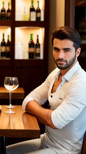 An Italian man with short hair focuses on the restaurant. 