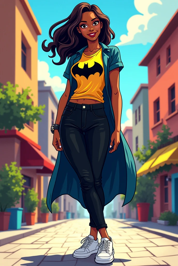 With short orange , black short batman shirt,  black pants white shoes,  women ,brown skin , animated 