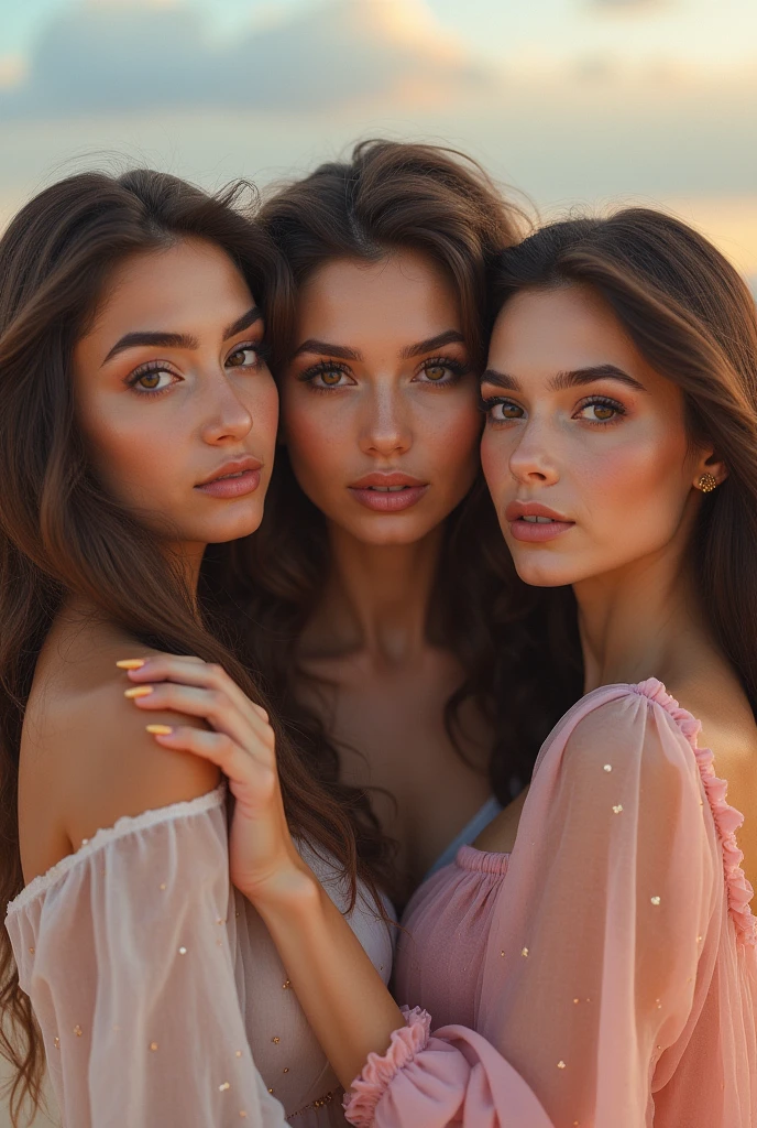 colored photography, Three women without clothes. with long, loose hair, face detailed, large eyes and a thin nose.