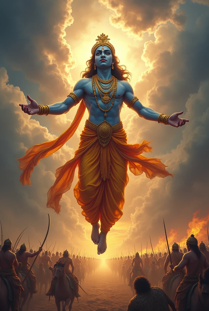 Shree big krishan name's lord, danger background ,full photo Mahabharat , flying sky