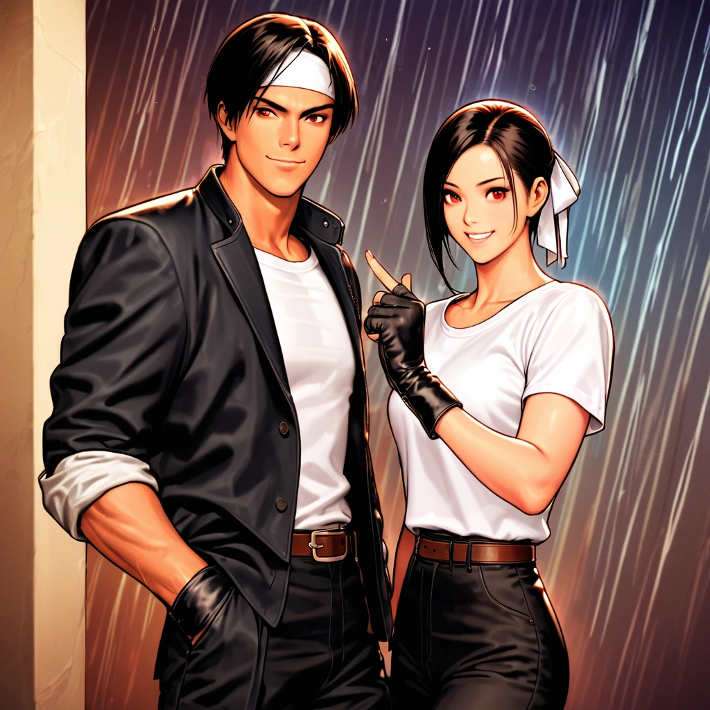 color changing, couple, dark skin, red eyes, ((rolled up black jacket)), fingerless gloves, black hair, white t-shirt, ((white headband)), black pants, white shoes, brown belt, handsome, photo, charming, masterpiece, high resolution, detailed face, fine grain, confident smile Indigo Singapore Katong IHG Hotel, Singapore, man and woman, smiling, man and woman same hairstyle and clothes, peace sign. Rain falling, drinking juice, man and woman minding the rain,