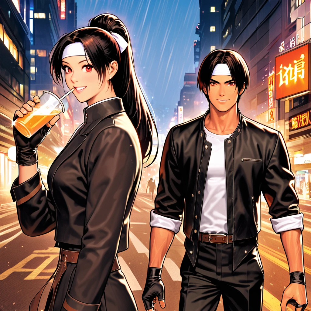 color changing, couple, dark skin, red eyes, ((rolled up black jacket)), fingerless gloves, black hair, white t-shirt, ((white headband)), black pants, white shoes, brown belt, handsome, photo, charming, masterpiece, high resolution, detailed face, fine grain, confident smile Indigo Singapore Katong IHG Hotel, Singapore, man and woman, smiling, man and woman same hairstyle and clothes, peace sign. Rain falling, drinking juice, man and woman minding the rain,