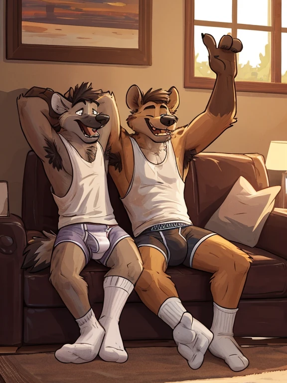 Hyena, male people,(((father and son, duo, 2boy))), shaggy,Furry,burly build,tank top, macho father in (((white wifebeater undershirt and jockey briefs and white socks))), transparent bulge, burly build, sitting on couch together, ((arms raised, armpit hair, son sniffing dad's armpit)), thick happy trail, perspired ((irate)), show soles of socks, vred,e621, living room, by paintfox, by paintfox34