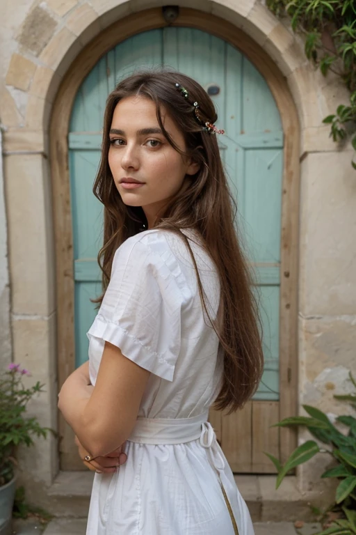 (Meilleure qualité,haute résolution,ultra-détaillé),(Réaliste:1.37),portrait,cheveux bouclés,fille marocaine,yeux détaillés,lèvres détaillées,long cils,visage parfait,jardin ensoleillé,fleur fleurs,robe colorée,posture confiante,Couleurs vives,éclairage doux