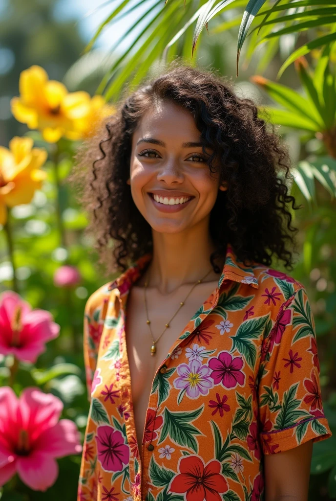 A Brazilian woman in a lush tropical garden, wearing an open shirt with a floral print, with a close-up capturing the harmonious beauty between her breasts and the natural flowers, showing off your natural charm and outgoing personality.