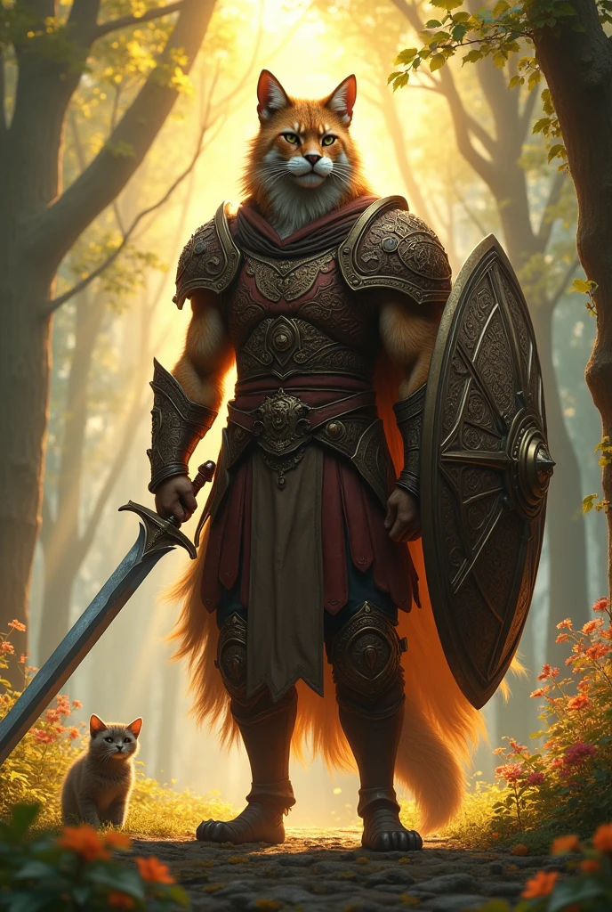 I want you to make an image of a humanoid feline holding a large shield In his left arm I put leather armor on him Now a long sword in his right arm 